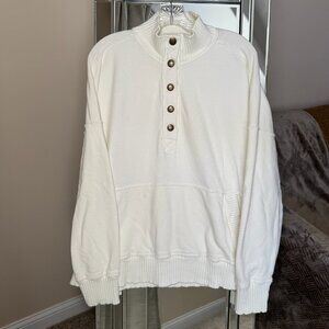 Aerie White Quarter Button Pullover Sweatshirt Cotton Pocket Oversized Size XL
